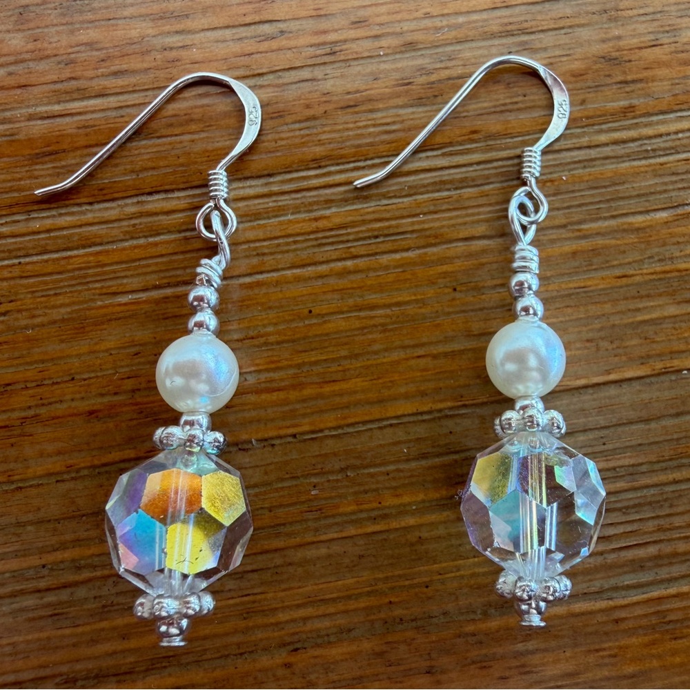 Faceted Crystal AB & Pearl Handmade Earrings on 925 Sterling Silver Hooks
